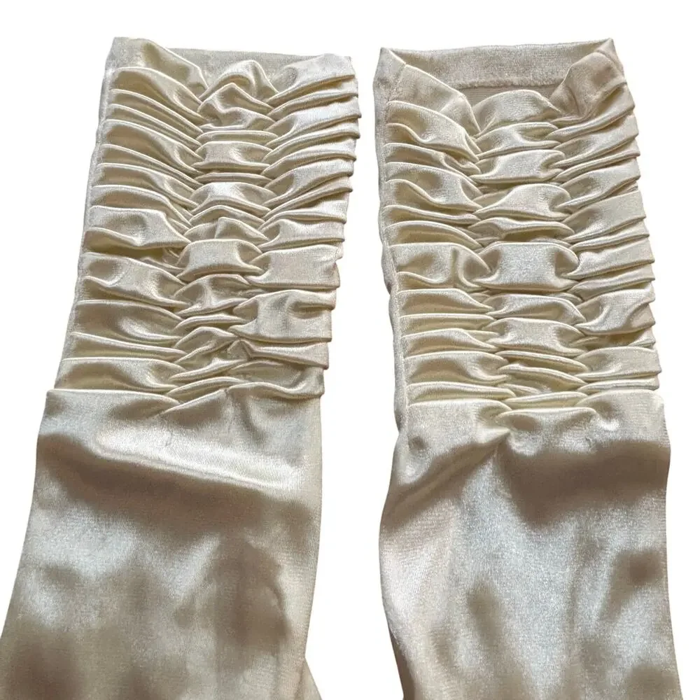Ladies ruched satin gloves creamy white nylon ruched stretch spandex One Size